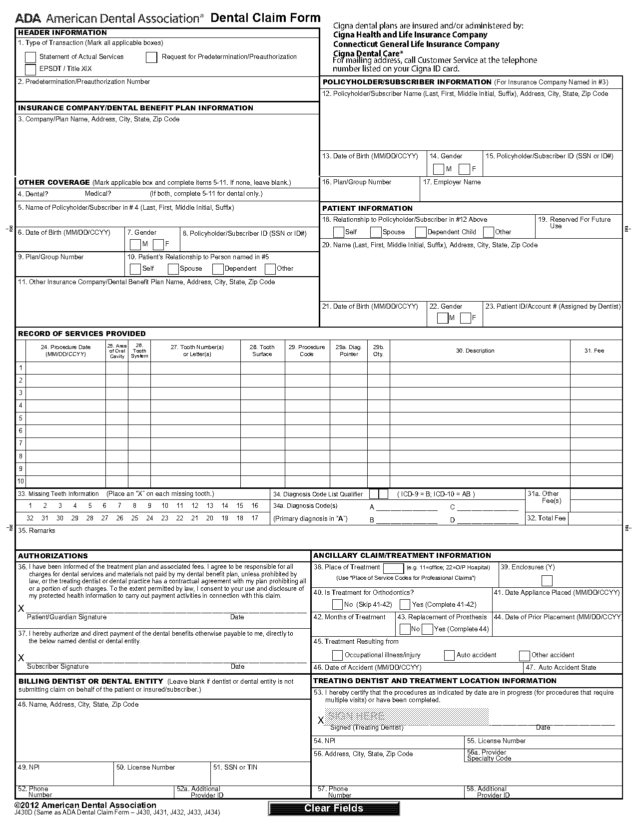 cigna dental ada claim form