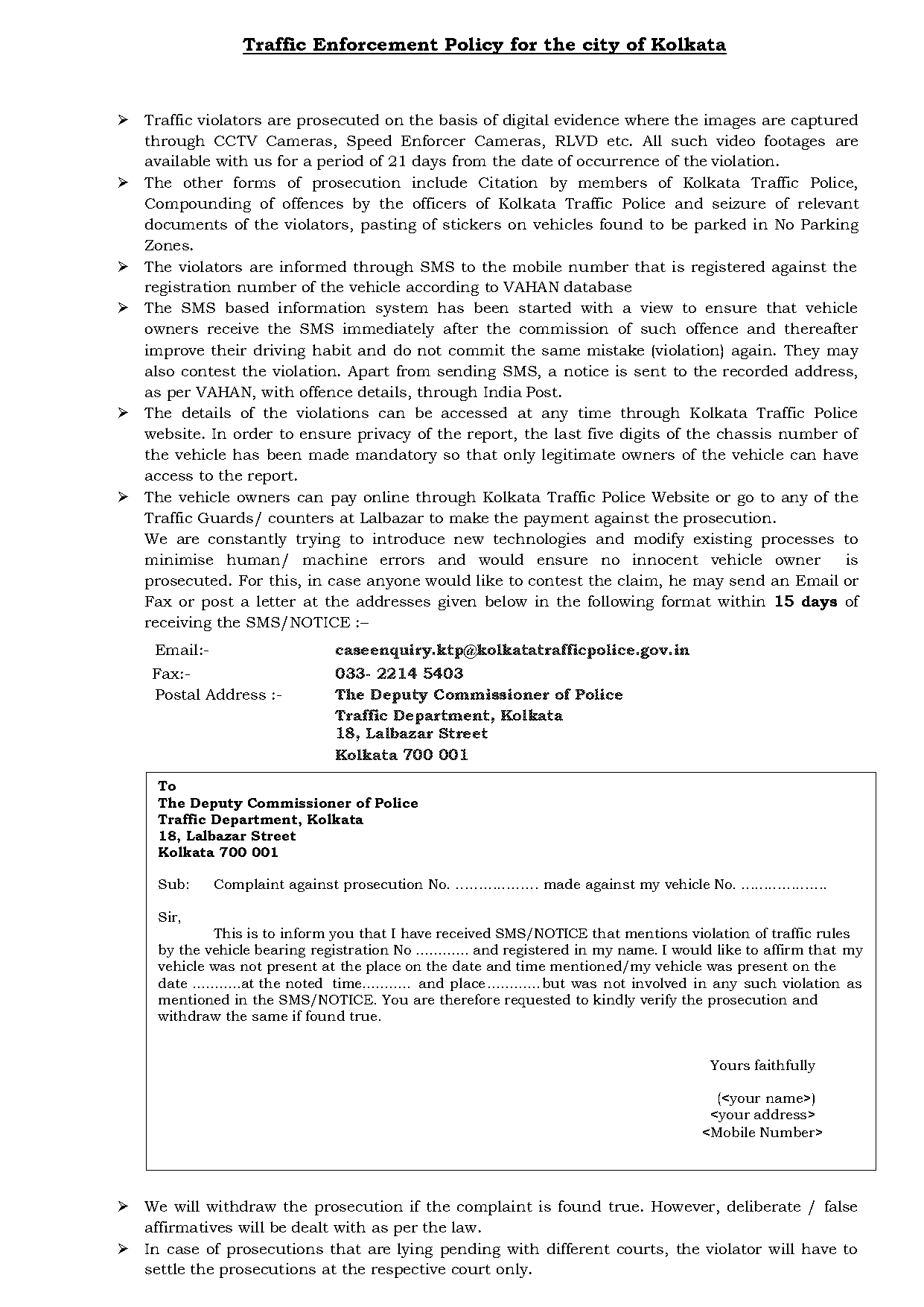 format of complaint letter against traffic police