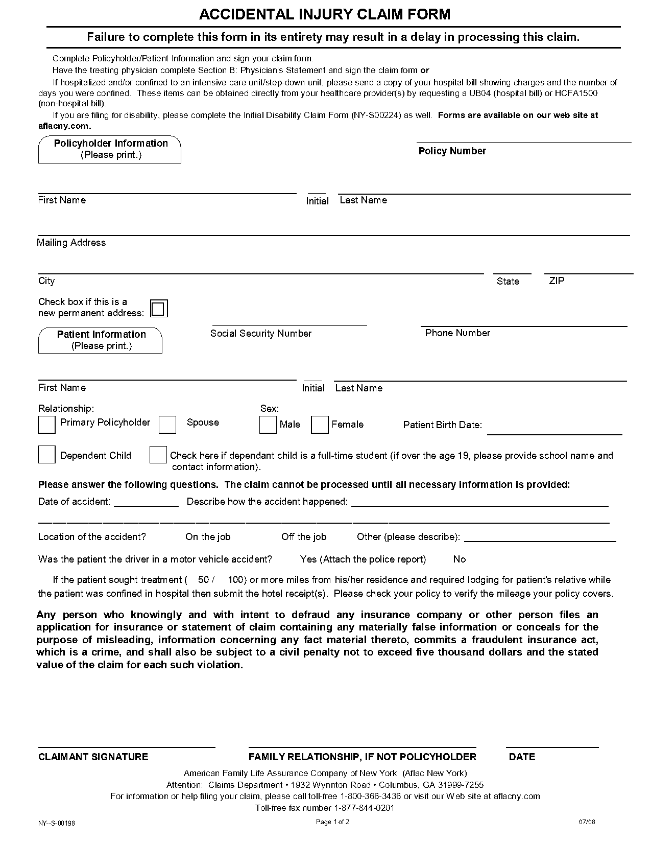 aflac accident claim form ny