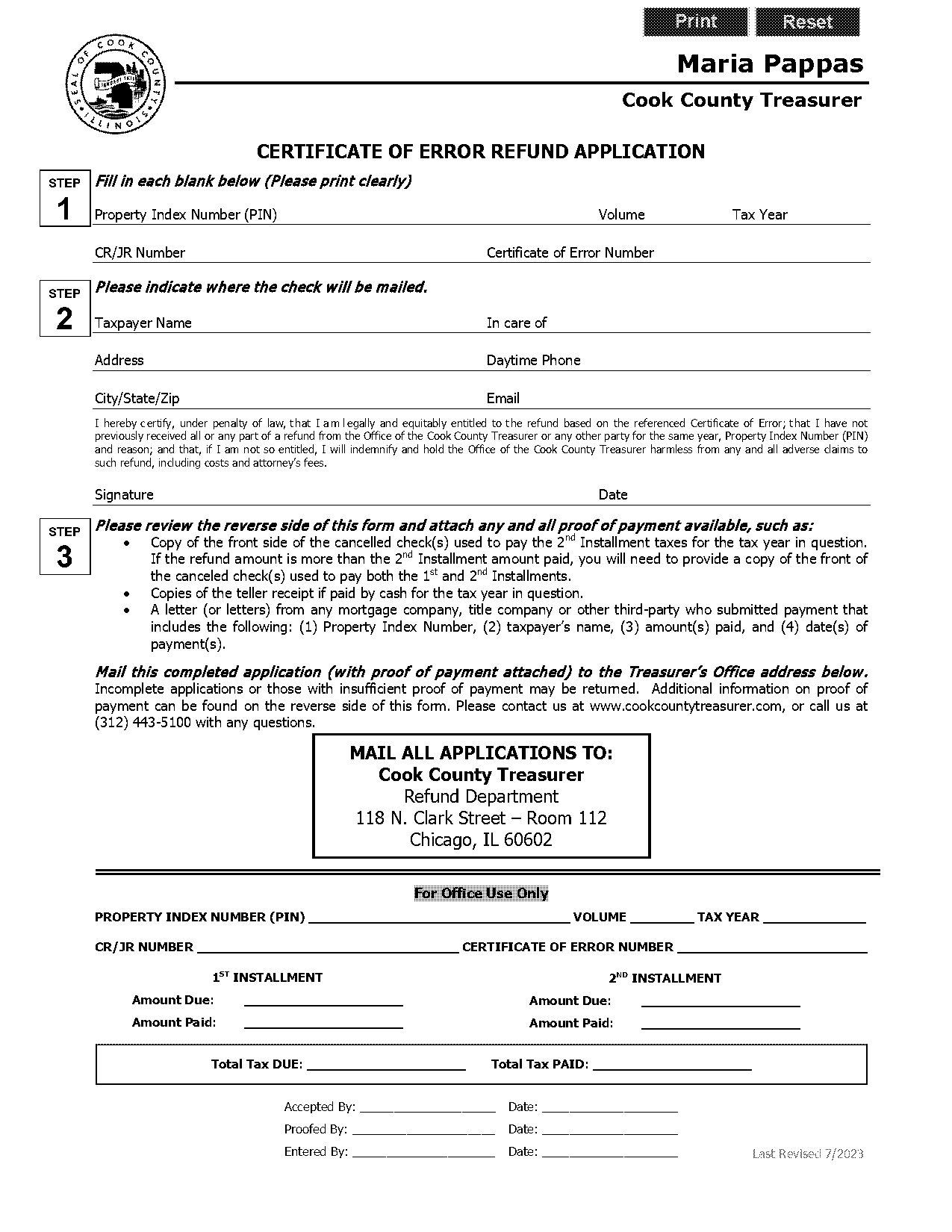 certificate of error refund application