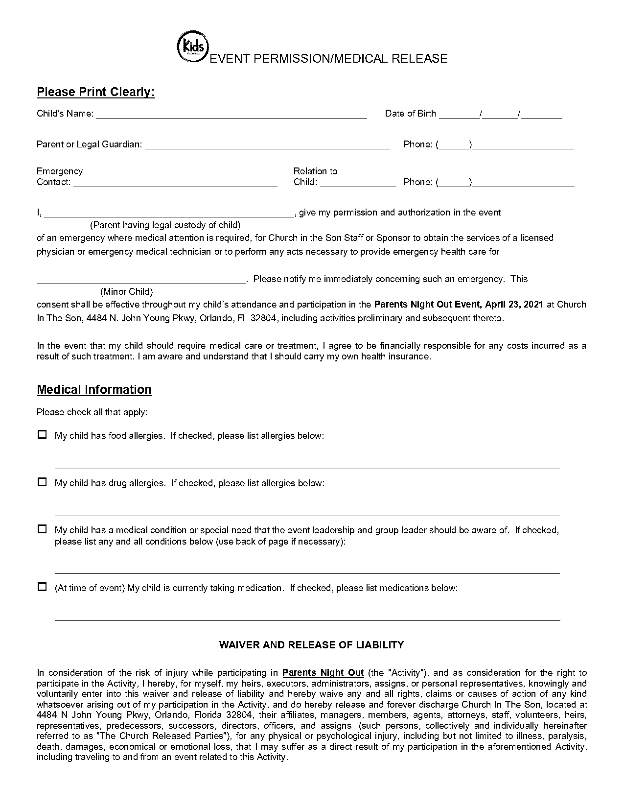 church activity participation agreement and consent to travel waiver template