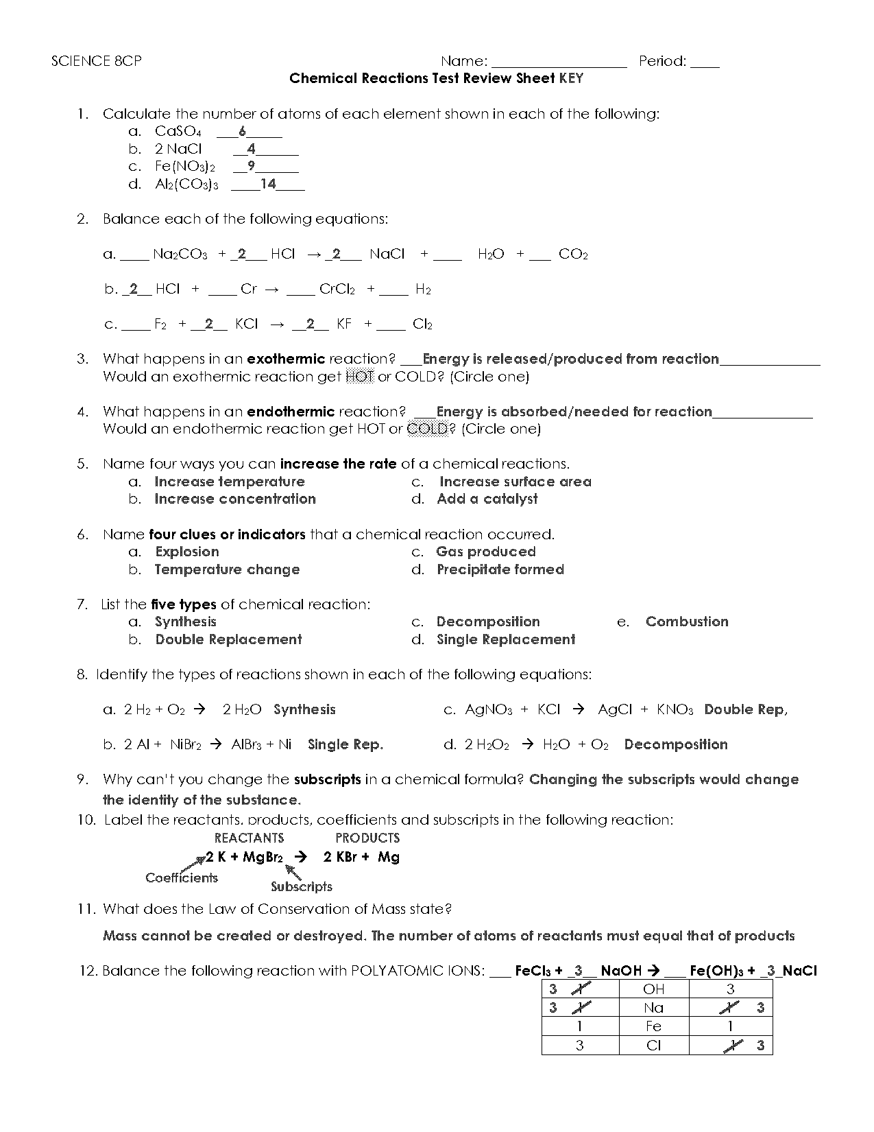 chemical reactions study guide worksheet answers