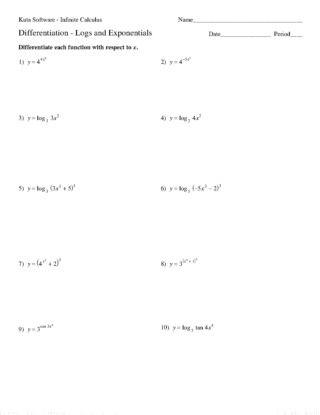 derivatives of exponential and logarithmic functions worksheet