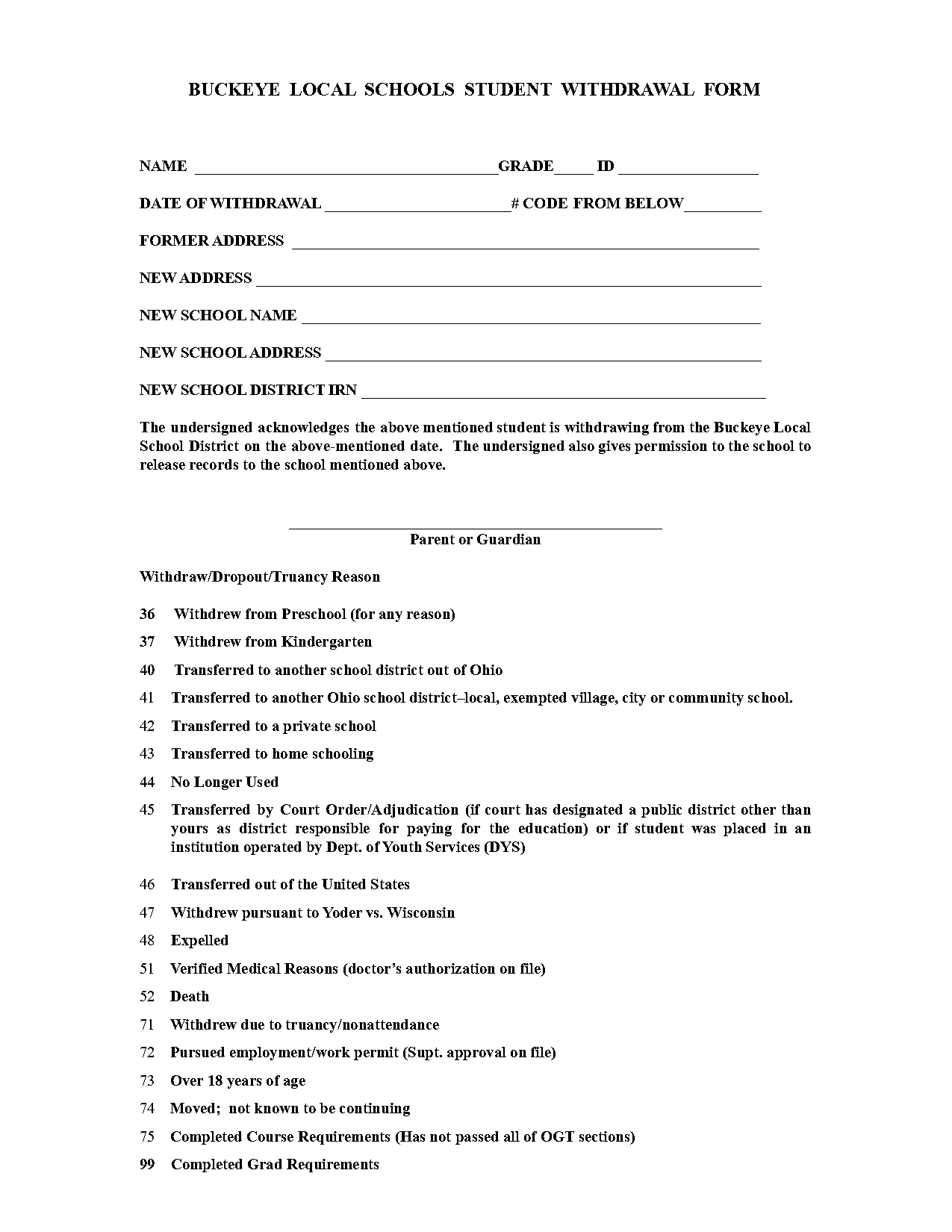 elementary school withdrawal form template