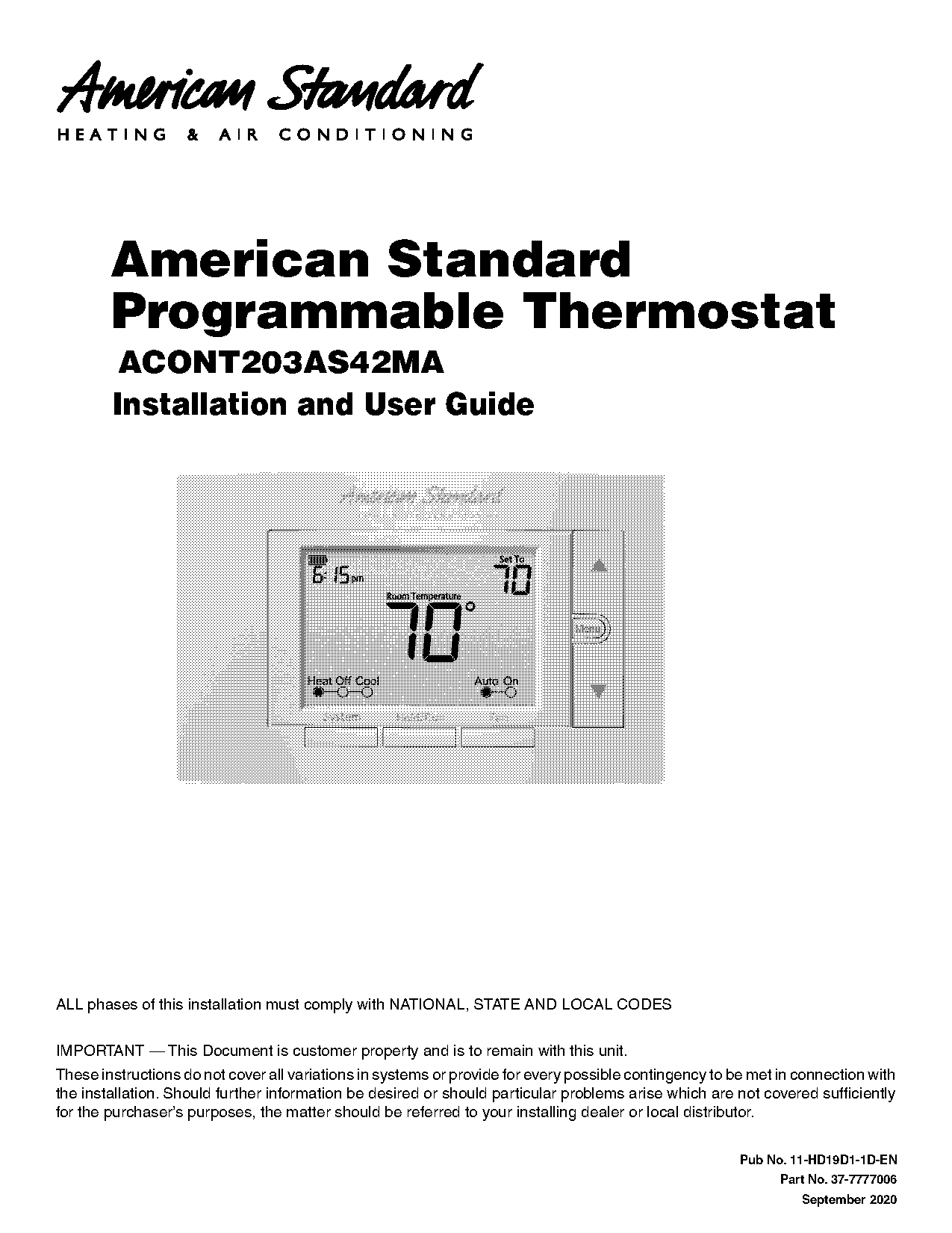 american standard thermostat screen blank