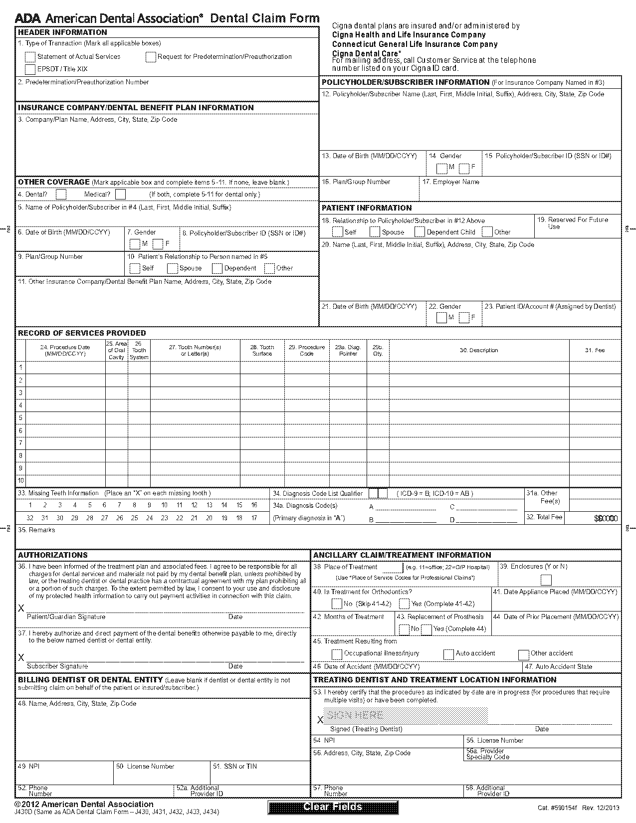 cigna dental ada claim form