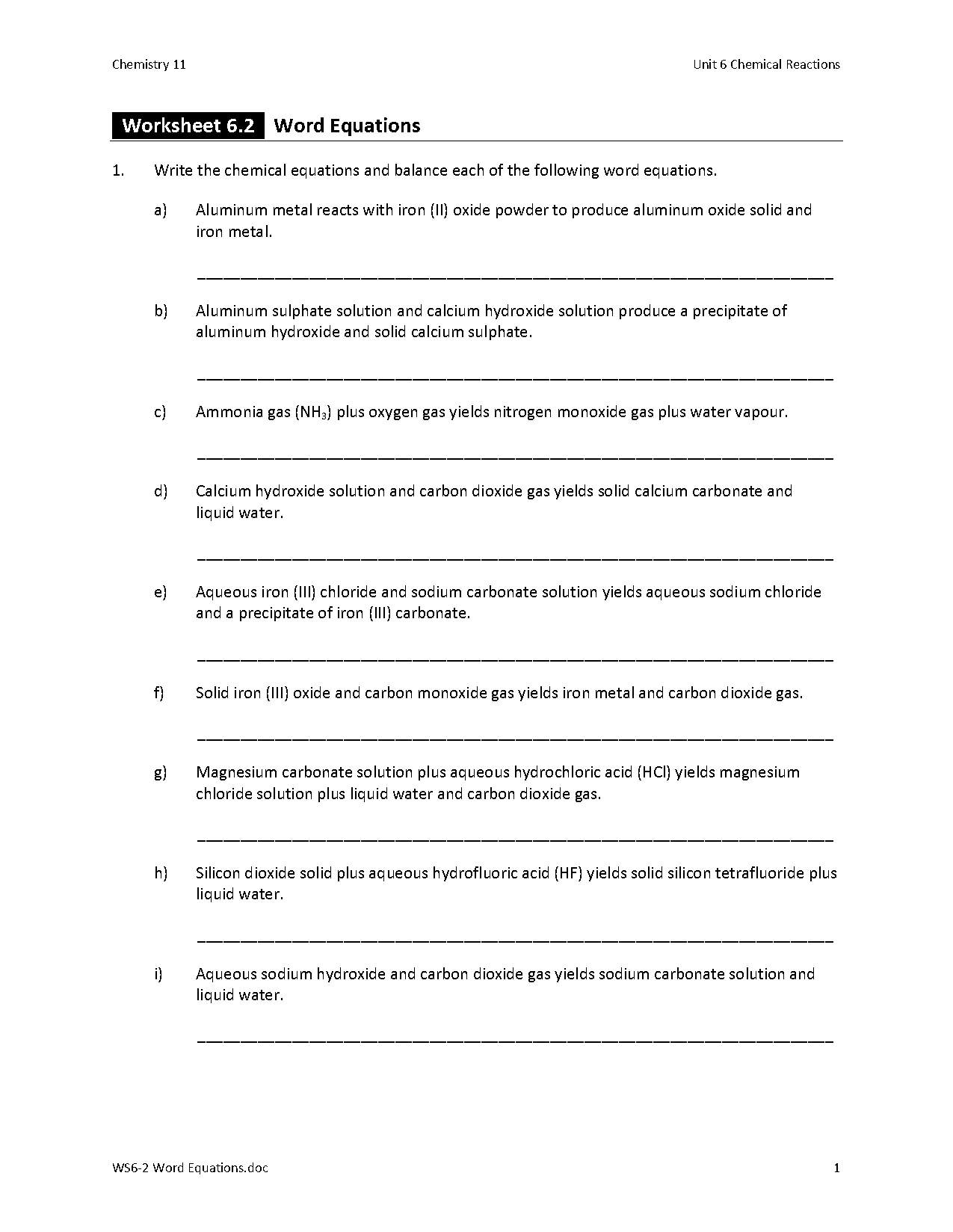 balancing chemical equations worksheet pdf answers