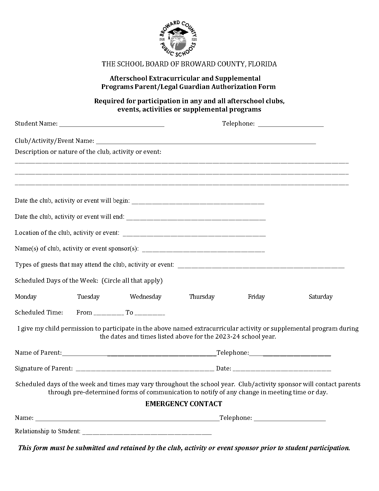 parent consent form for after school program