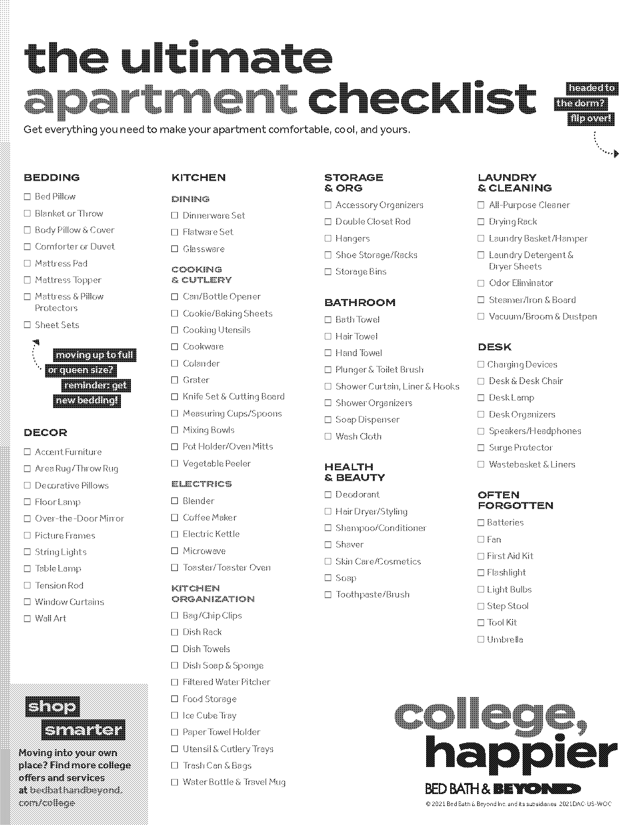 checklist for college apartment