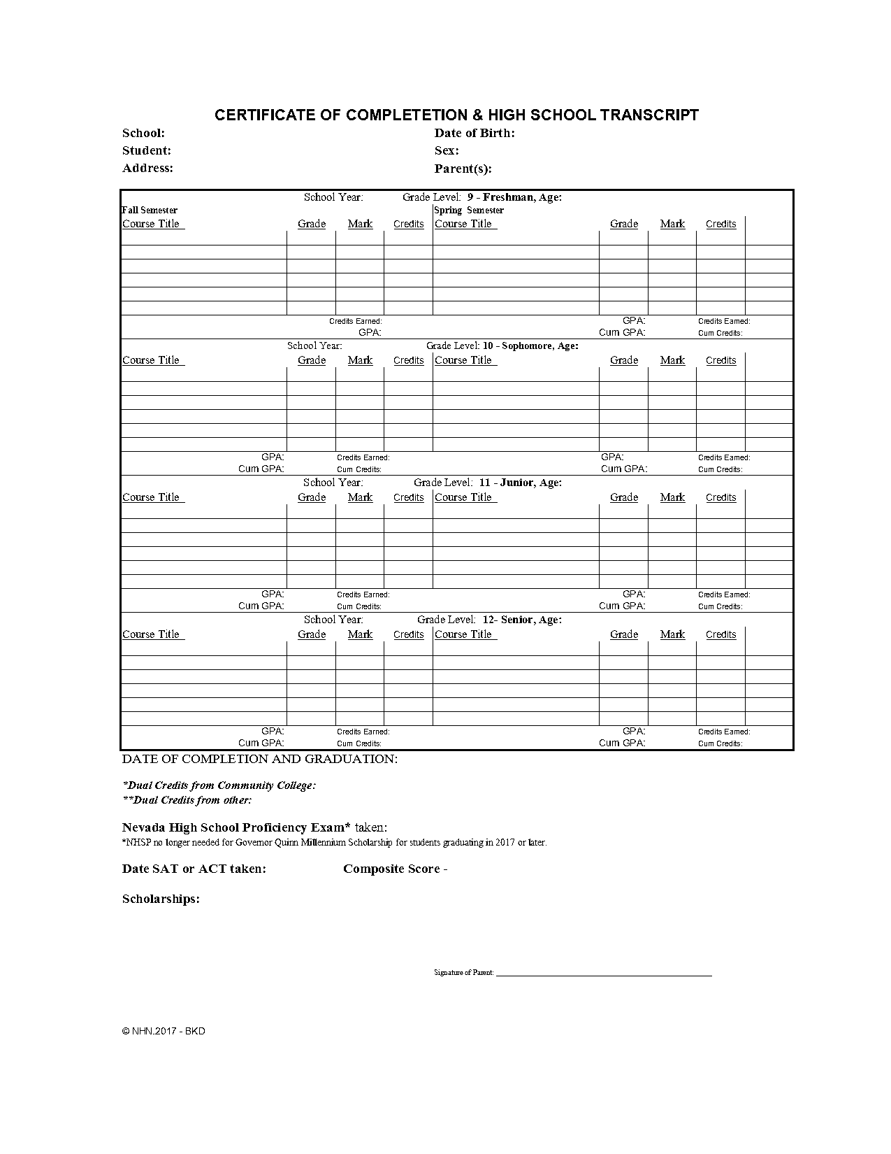 free junior high school transcript template