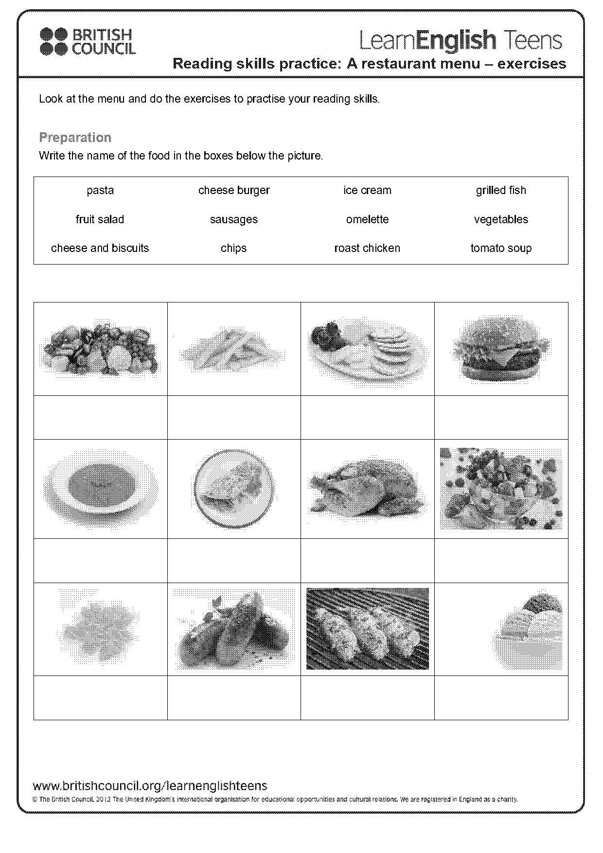 how to read a menu worksheet