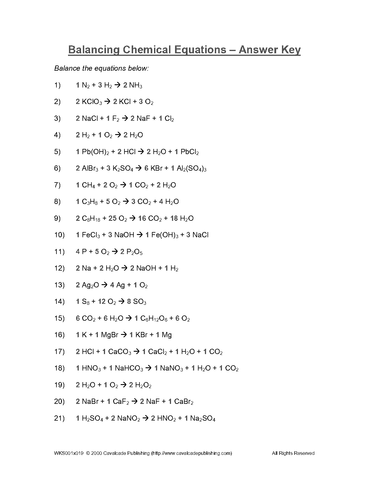 balancing chemical equations worksheet pdf answers