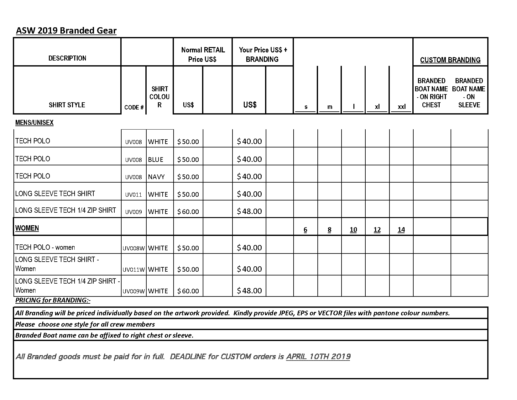 custom shirt order form template