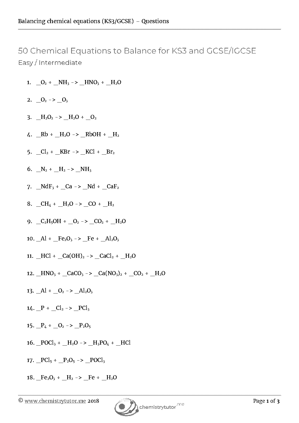 balancing chemical equations worksheet pdf answers