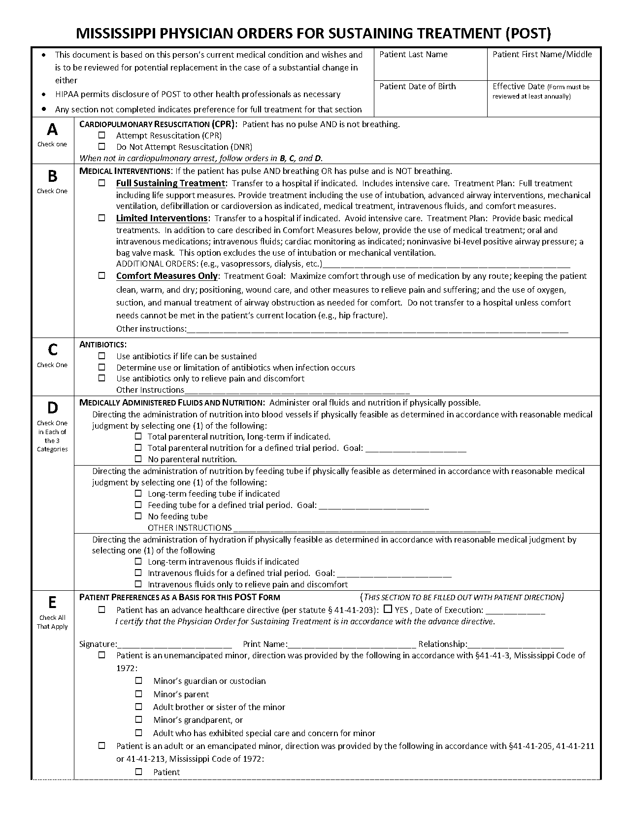 advance directive form for ms