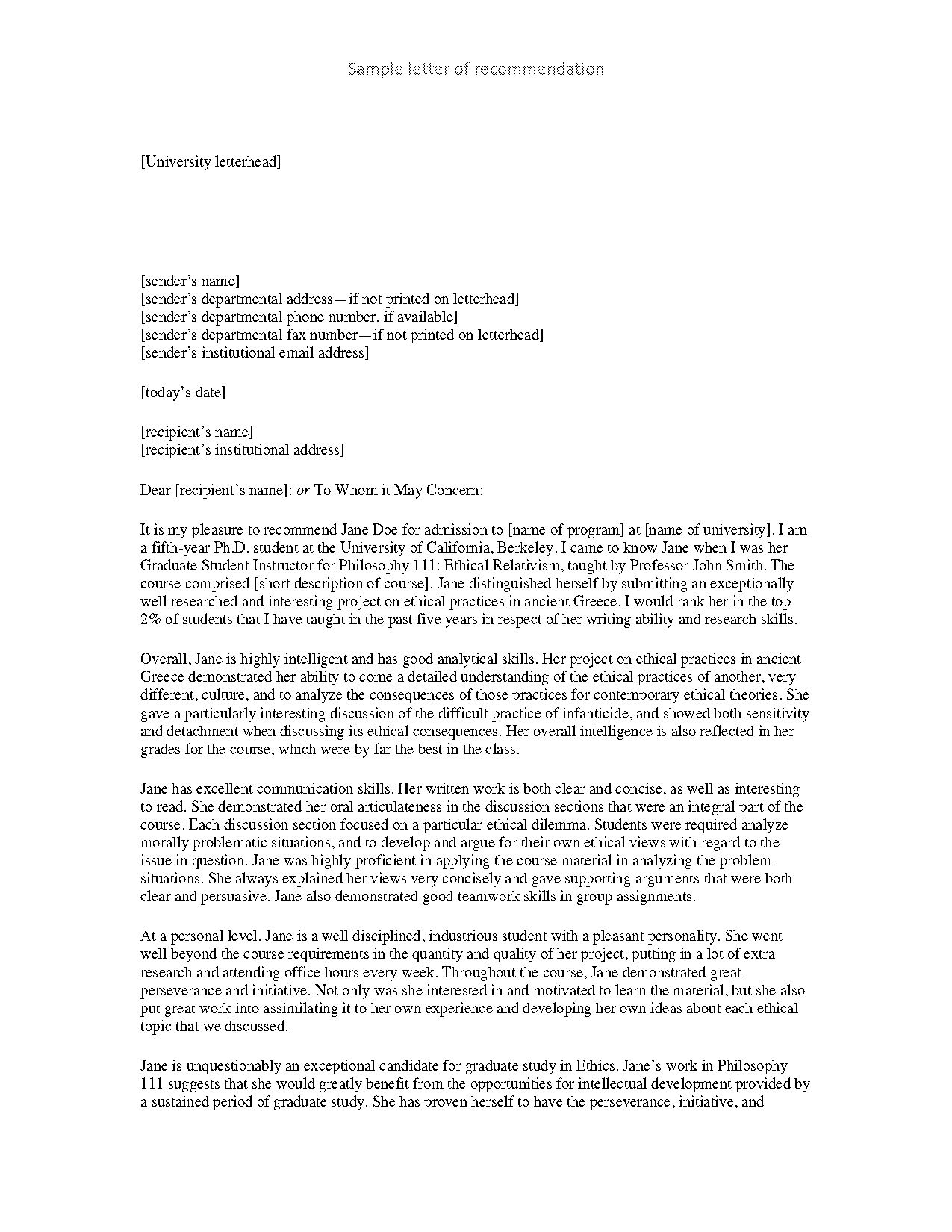 letter of recommendation template for colleague