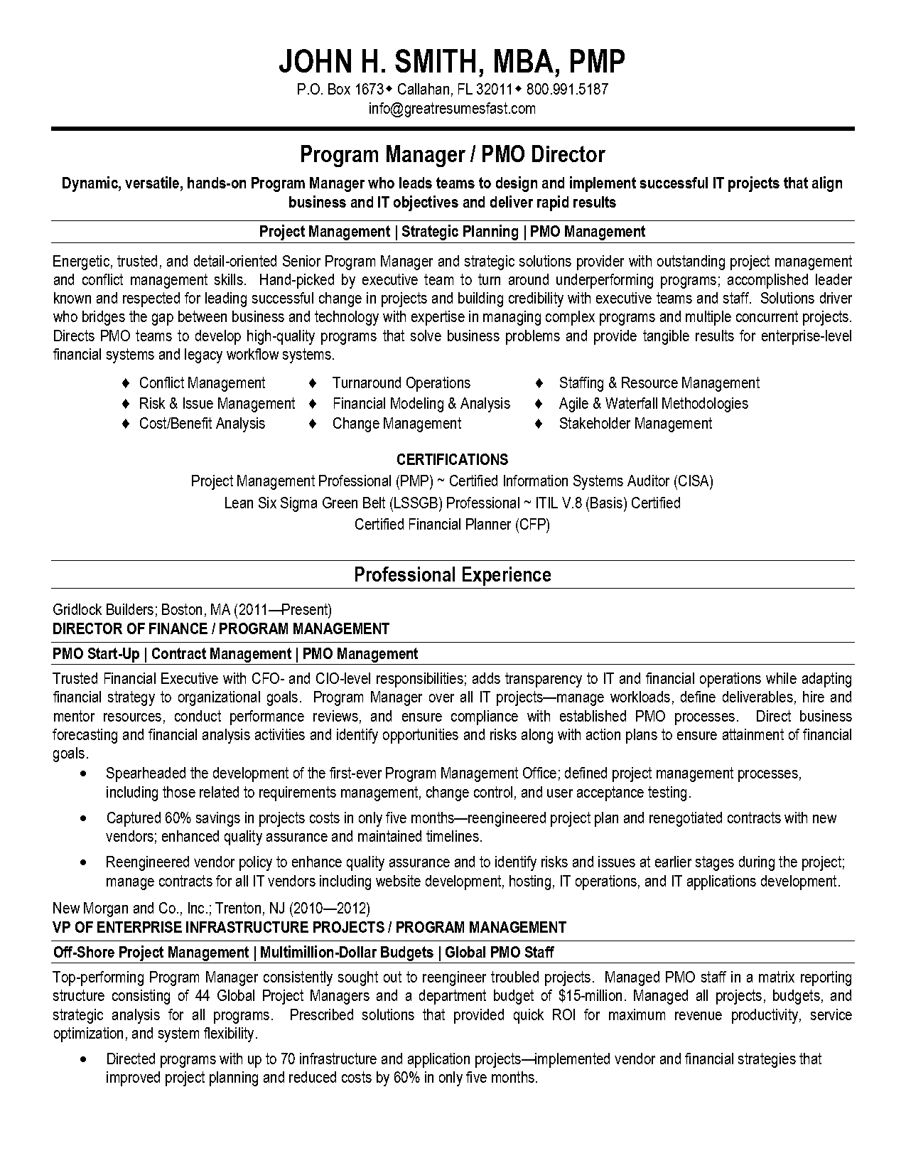 example program manager resume