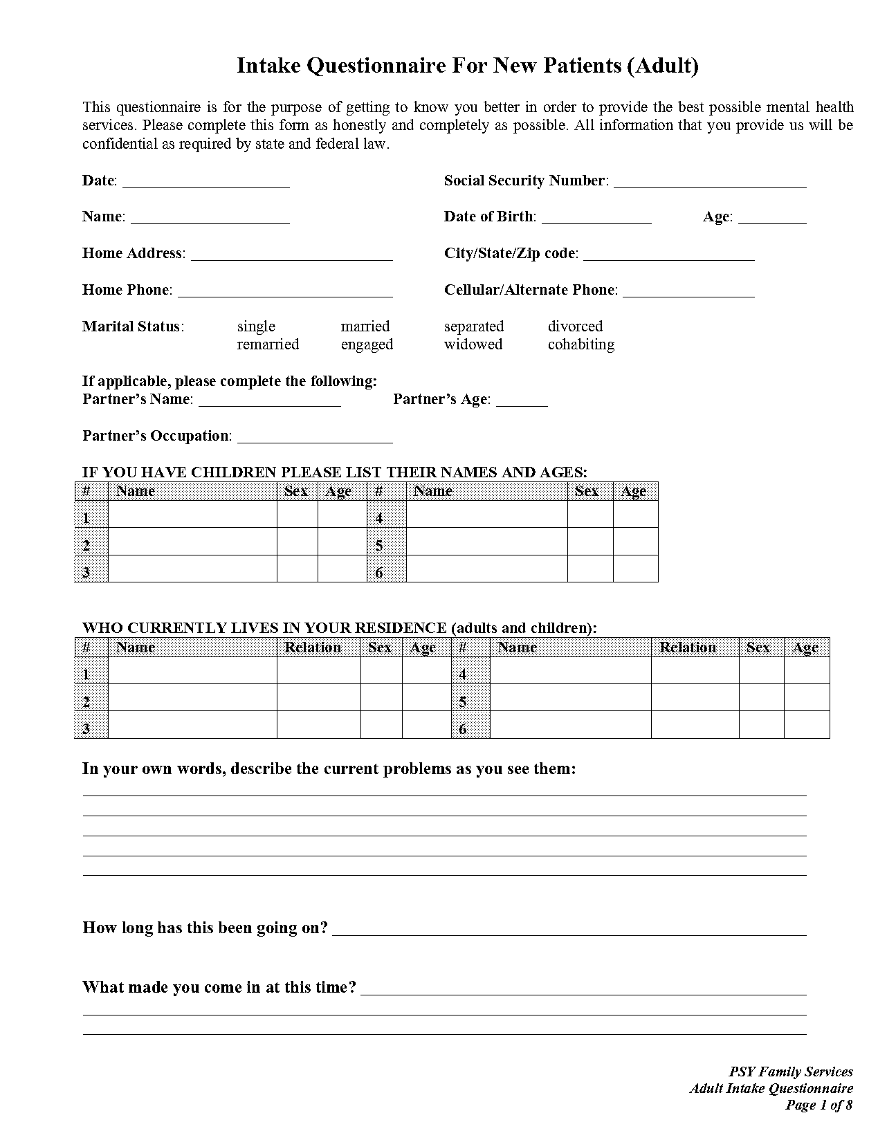 psychology intake form pdf