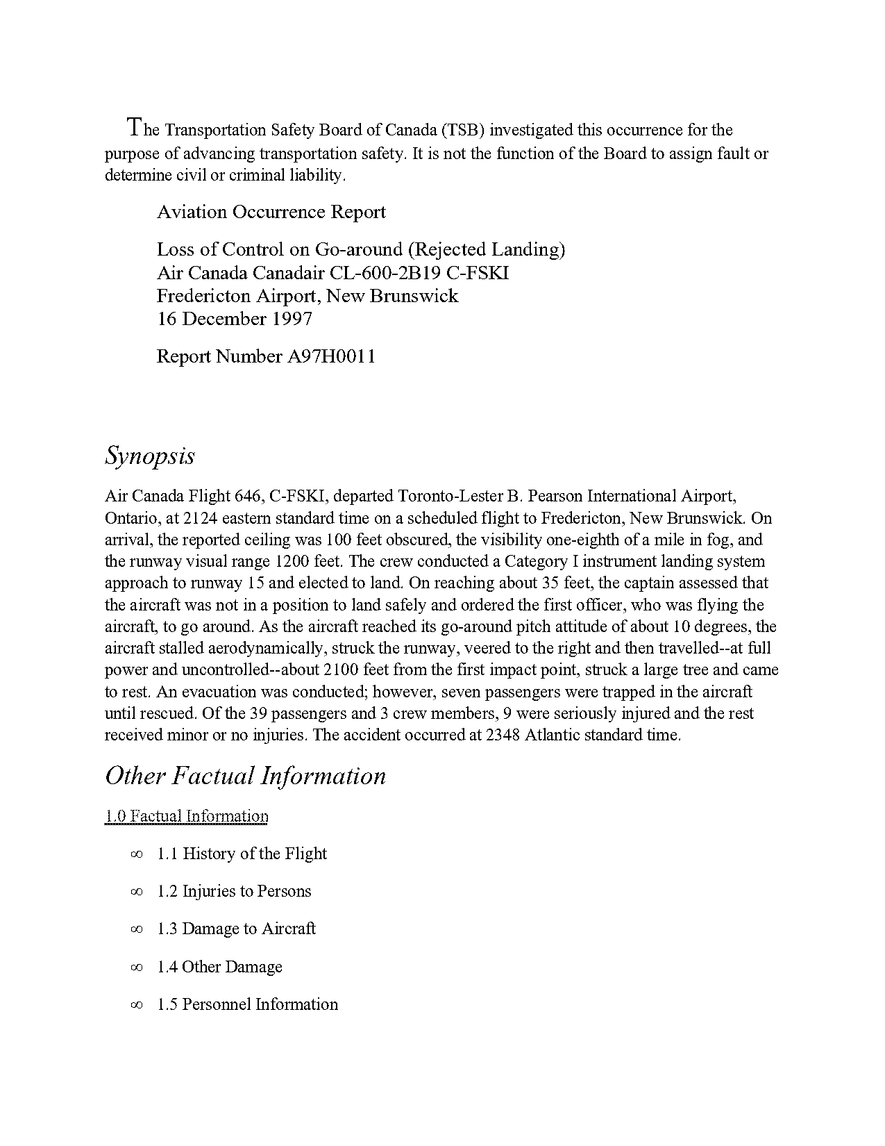 air canada plane crash statistics