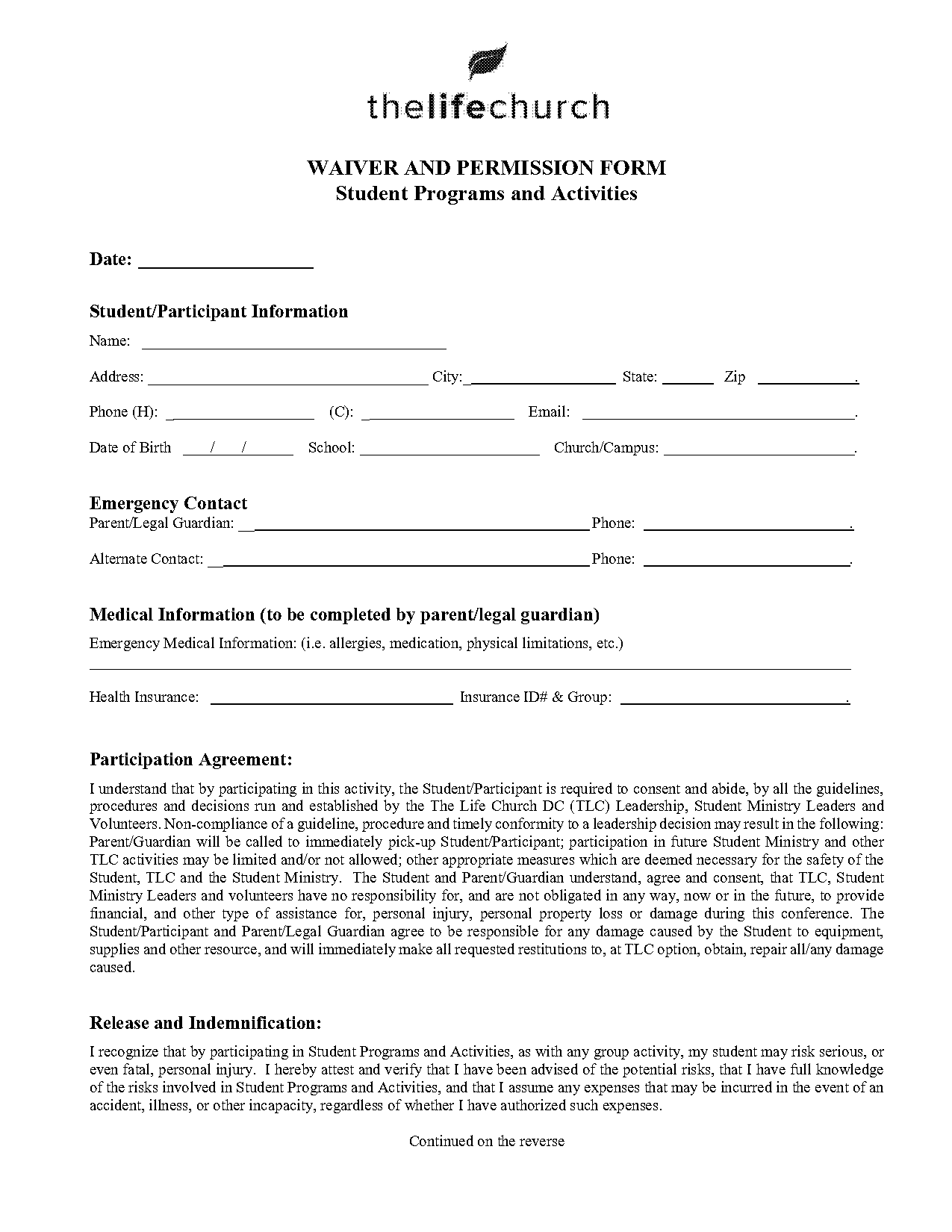 church activity participation agreement and consent to travel waiver template