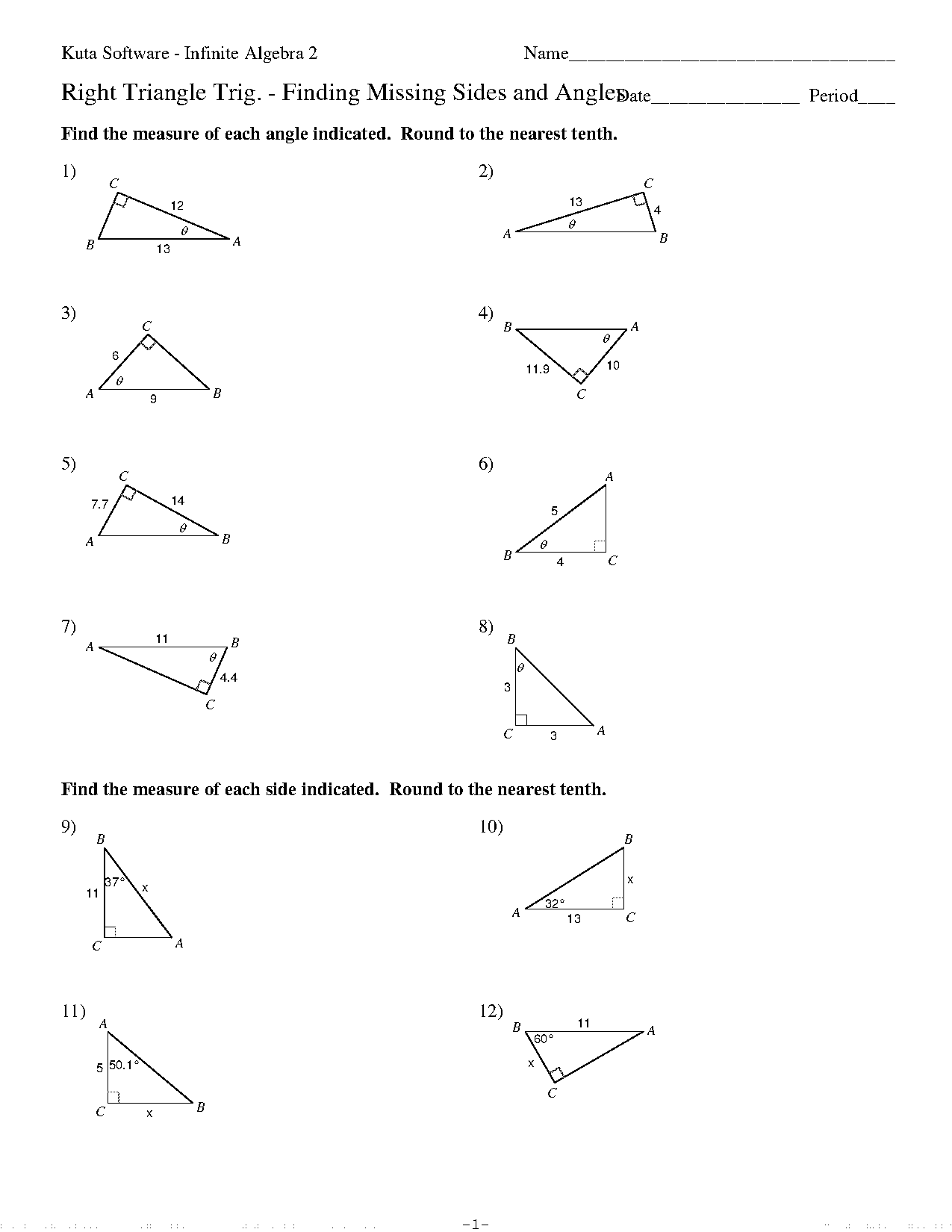 right triangle trigonometry finding side lengths worksheet answers