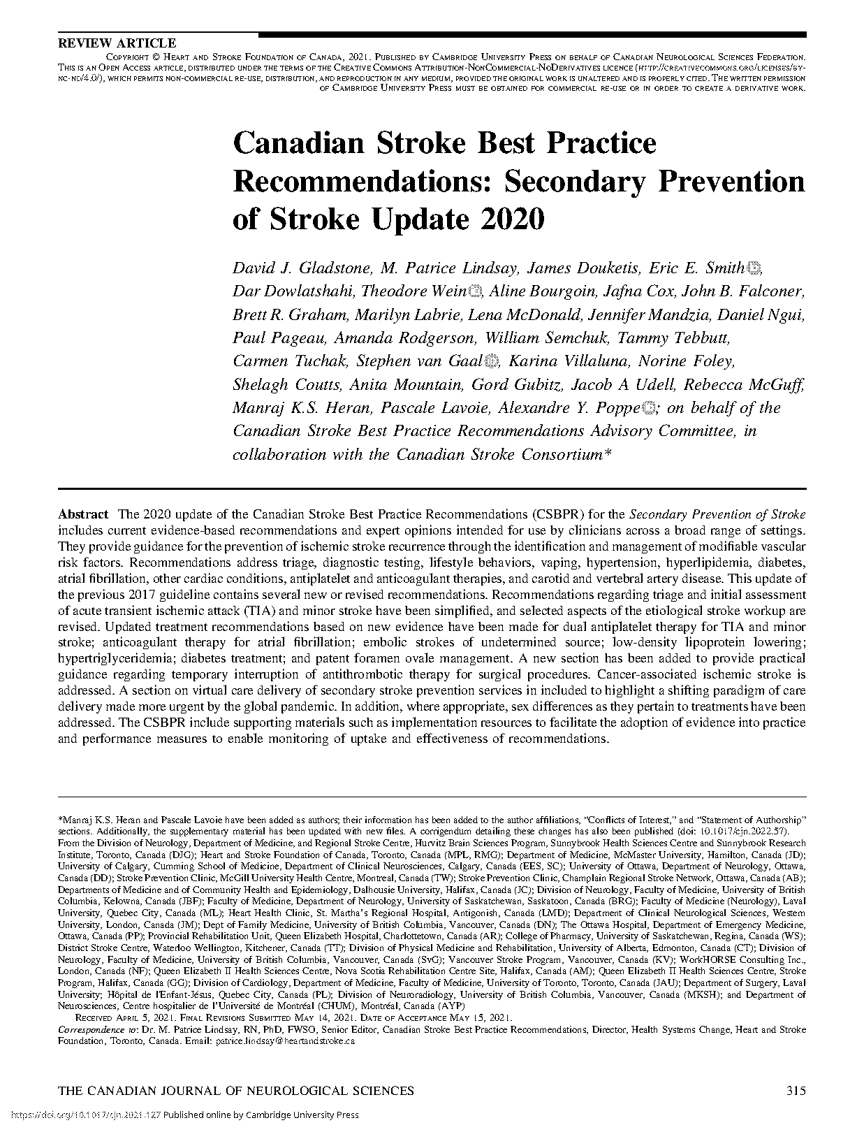 canadian stroke best practice recommendations secondary prevention of stroke