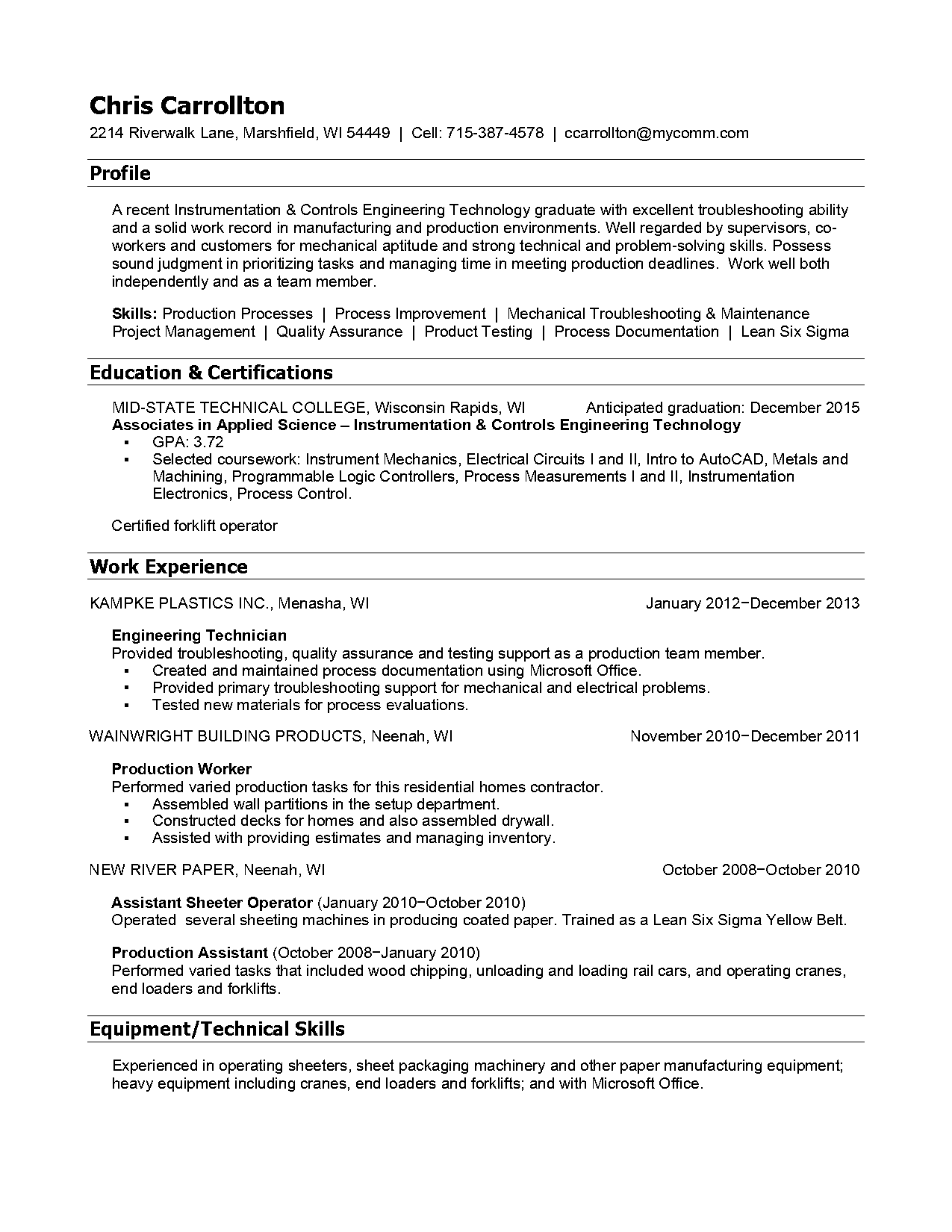 instrumentation and control engineering resume