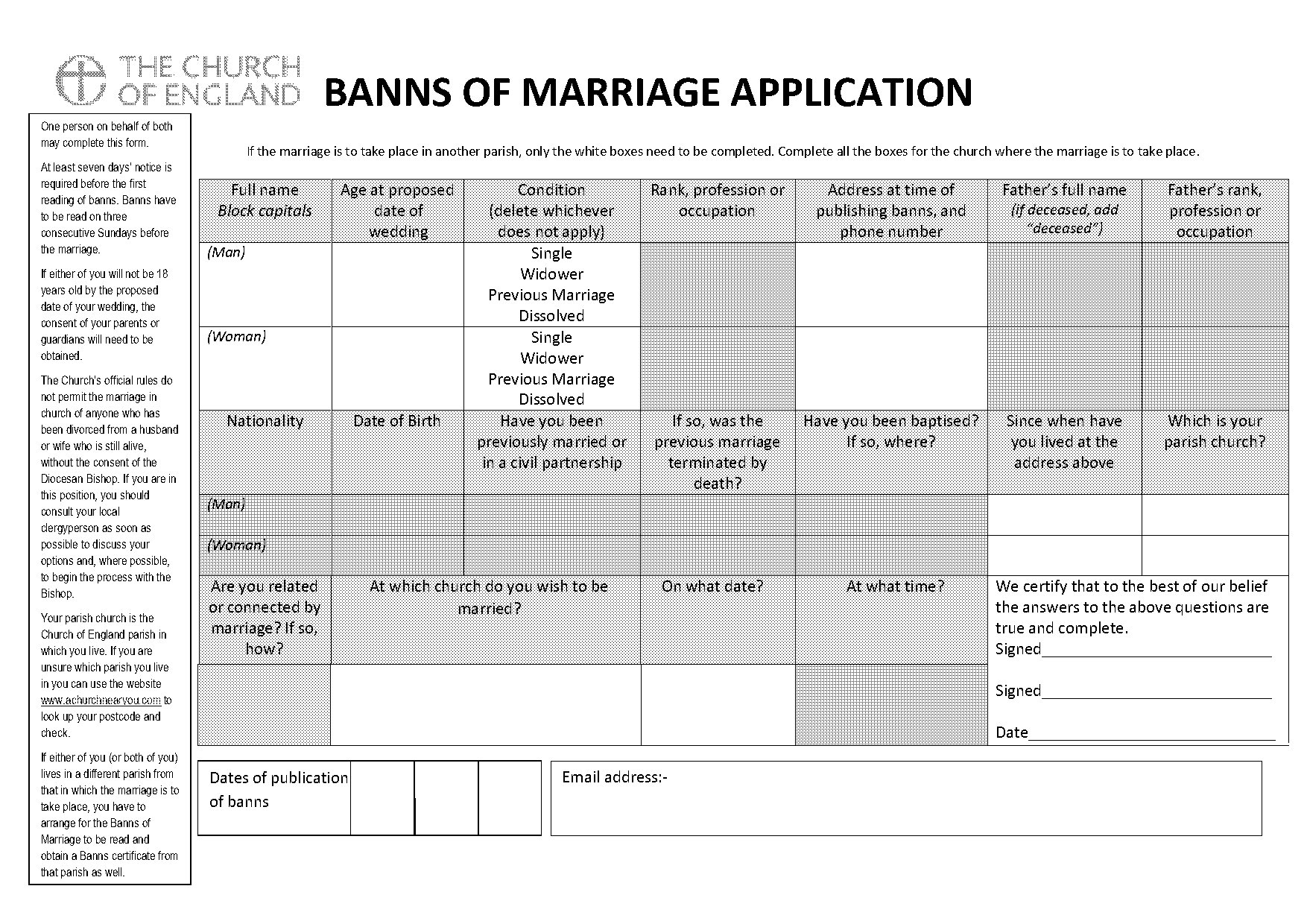 banns of marriage application form help