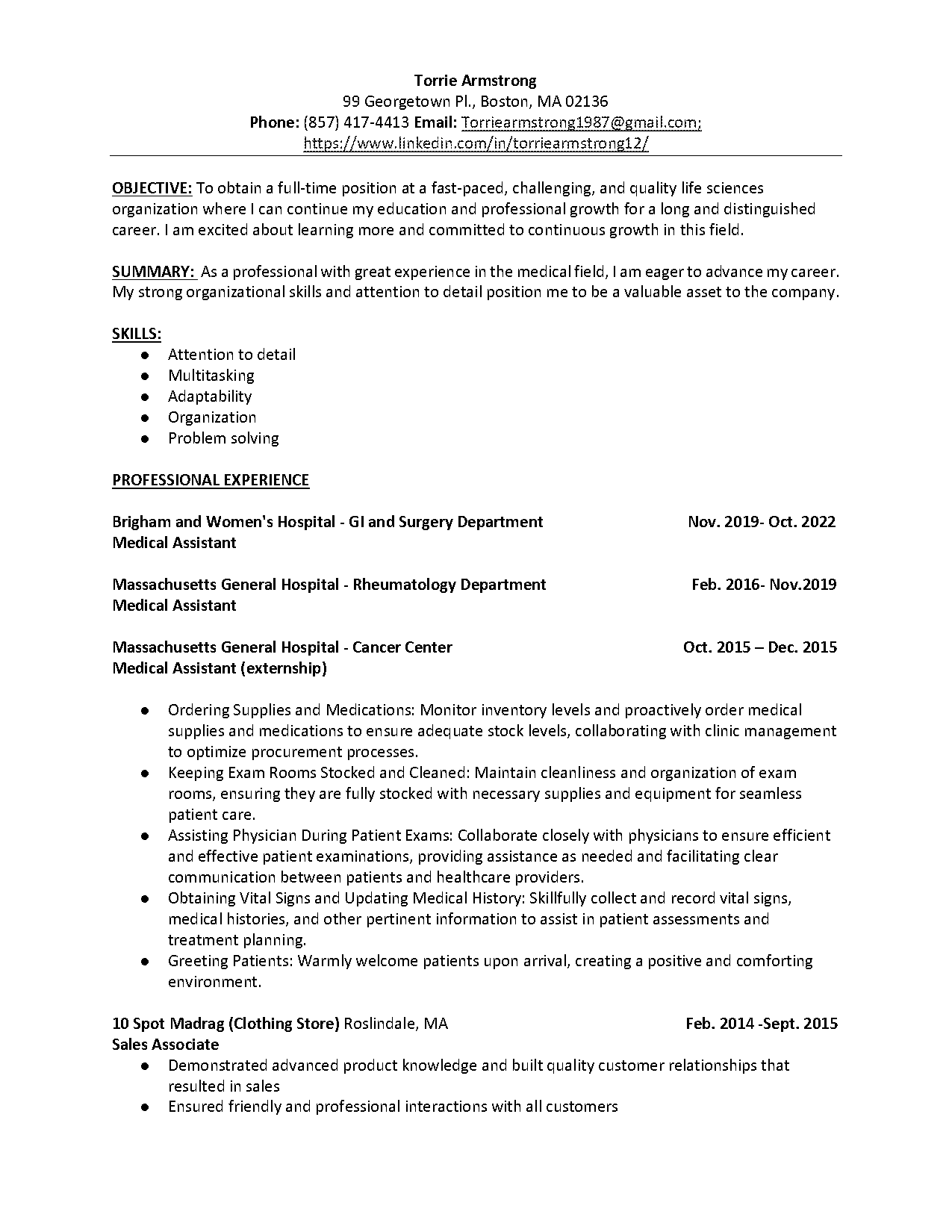 customer service in a medical setting resume