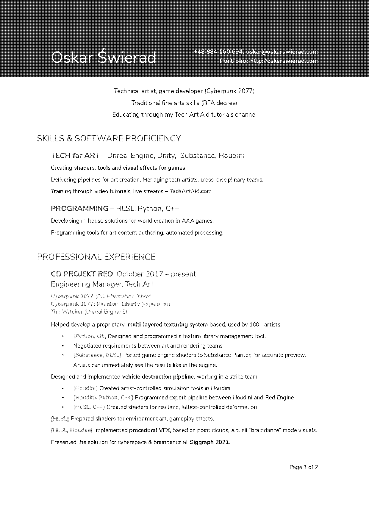 game developer resume pdf