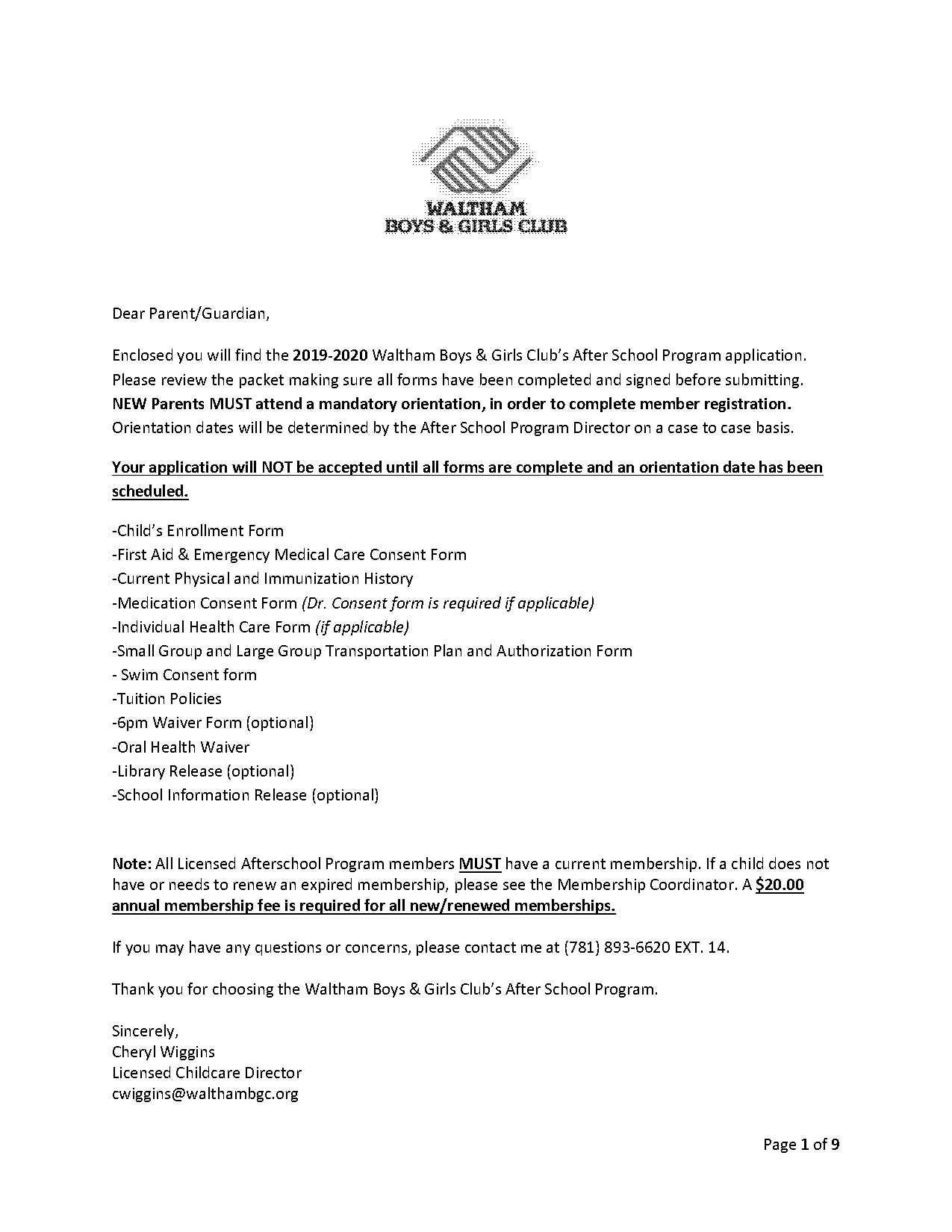 parent consent form for after school program