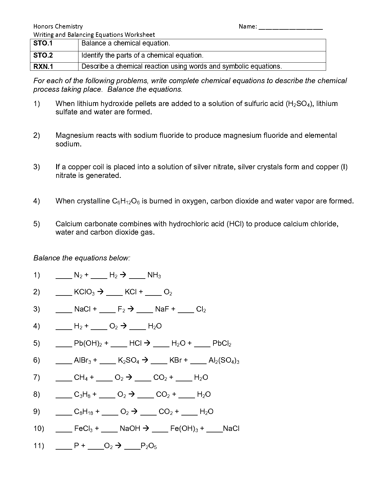 balancing chemical equations worksheet pdf answers