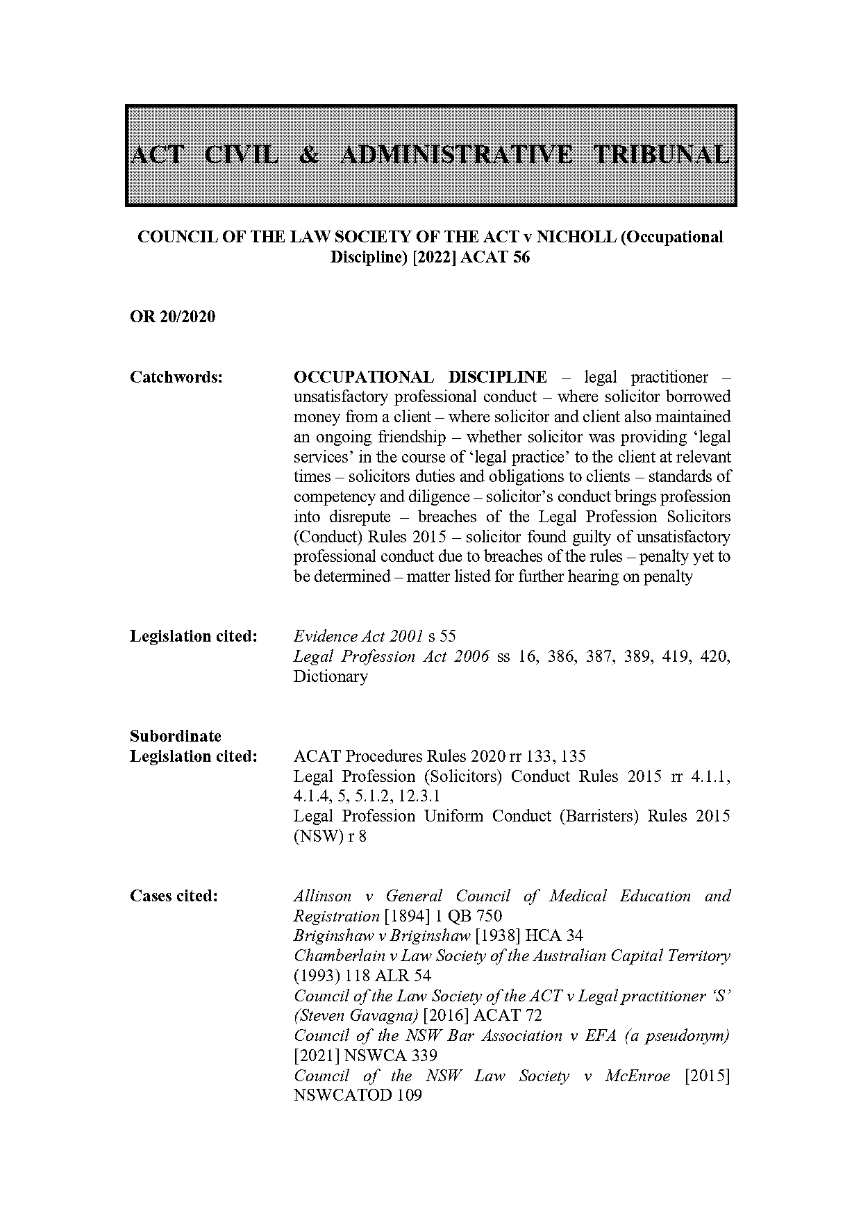 chamberlain v law society of act